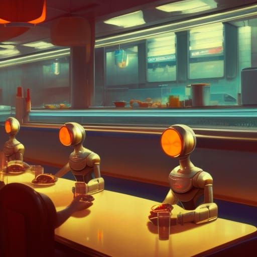 Futuristic Robot in Diner: Hyperdetailed Concept Art
