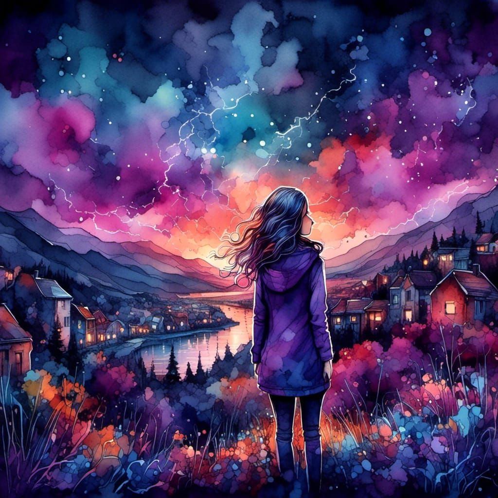 Girl Gazing at View in Graffiti Art Style