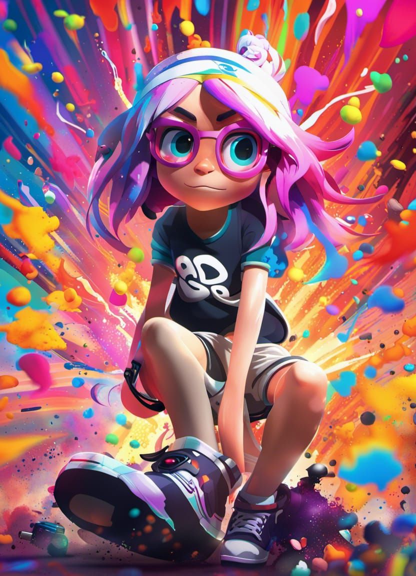 Inkling Girl in Rainbow Splatter, 3D Digital Art