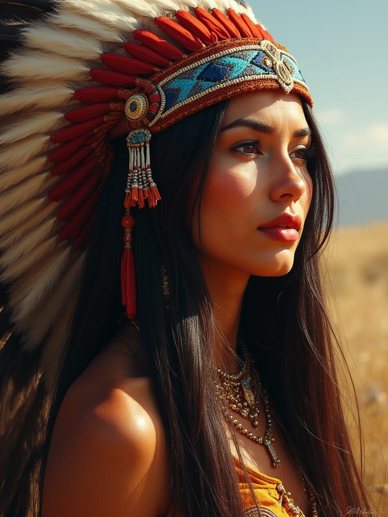 Glorious Native American Woman in Traditional Chief's Regali...