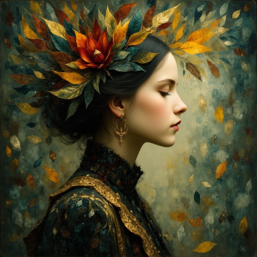 Mysterious Woman with Leaf Crown and Rainbow Magic