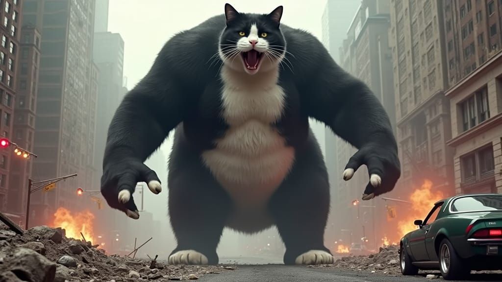Gargantuan Tuxedo Cat Terrorizes City in Cyberpunk Apocalyps...