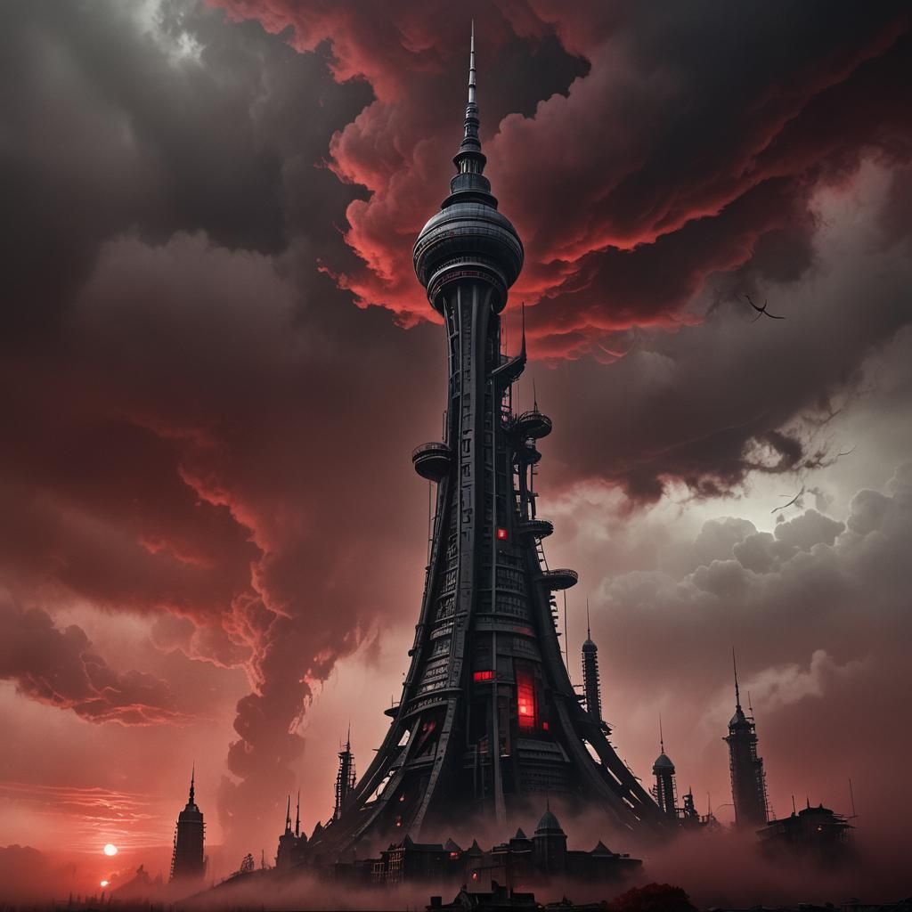 Sky Tower in Dark Surrealist Red Haze