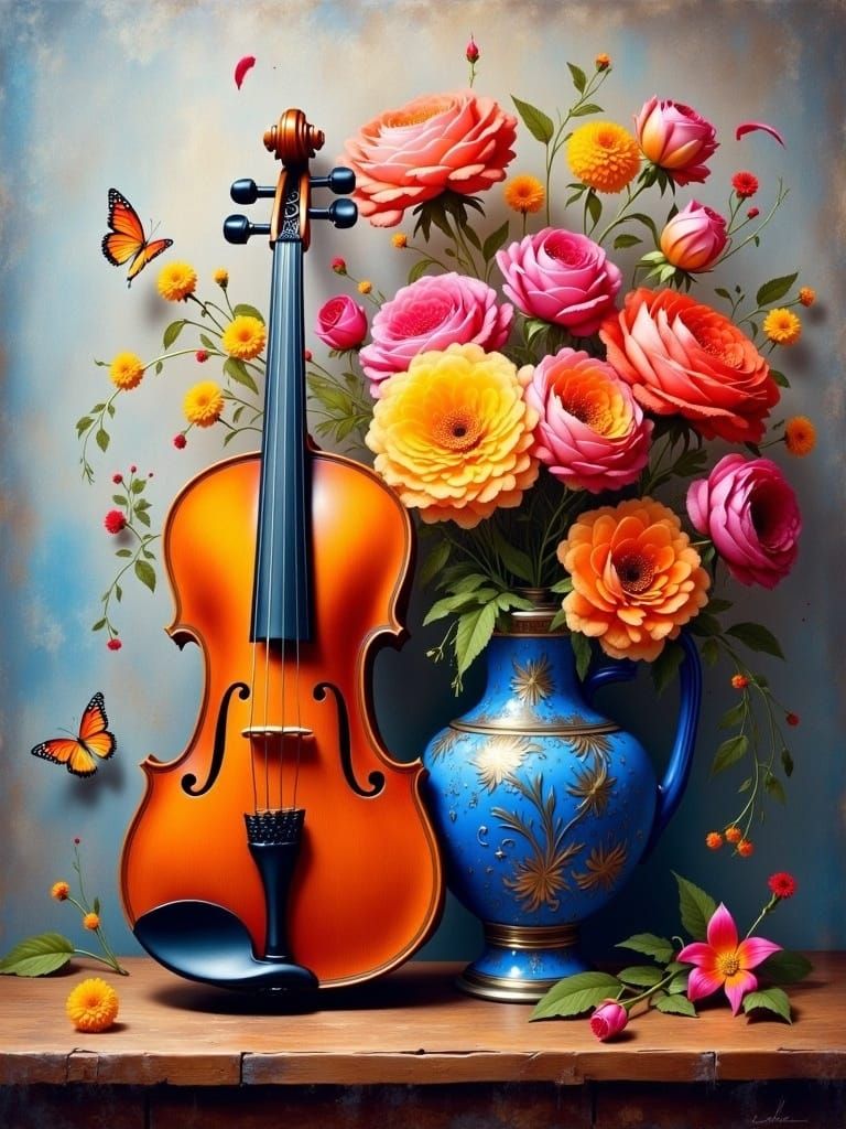 Vibrant Still Life Painting of Violin and Flowers