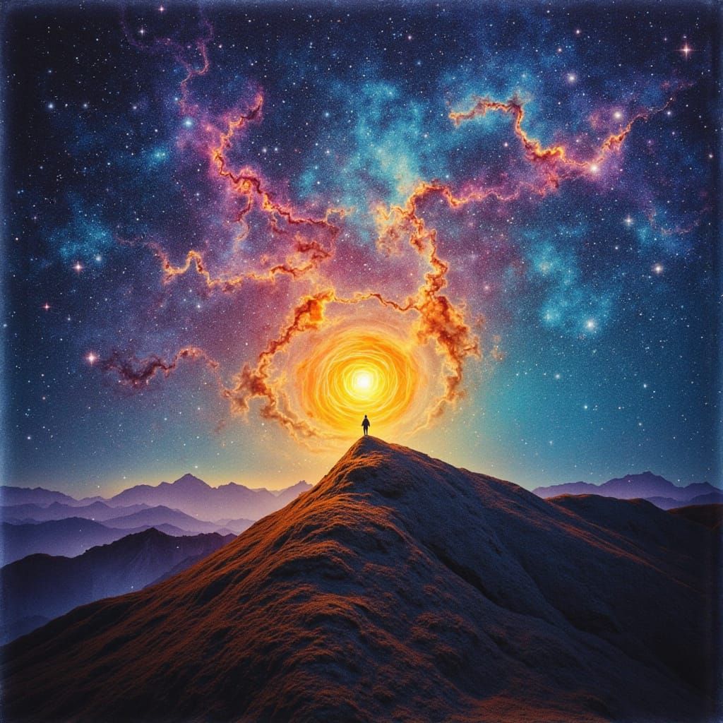 Ethereal Light Show: Woman and Rose Nebula in Night Sky