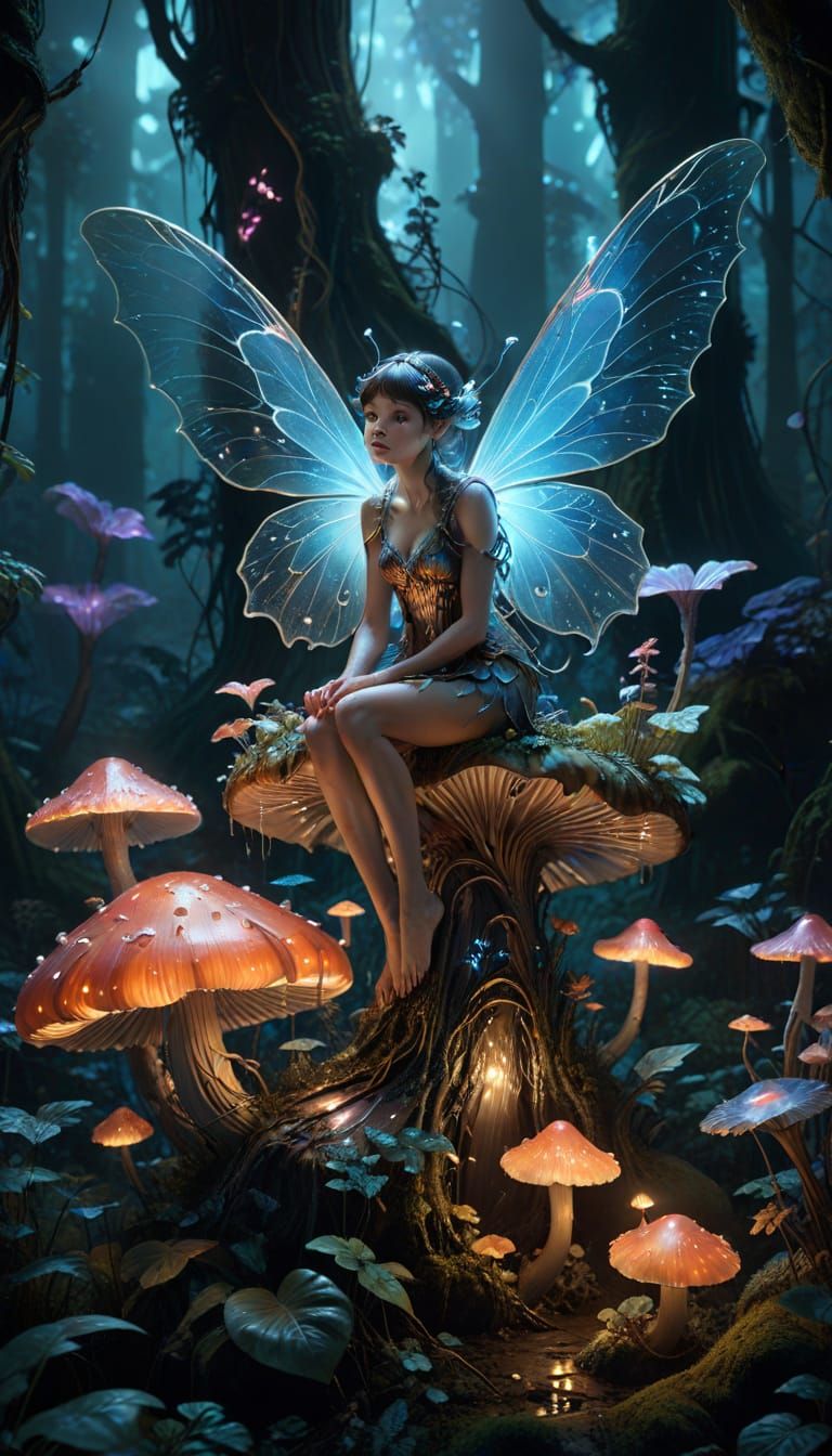 Pixie on Glowing Mushroom in Dark Fantasy Forest