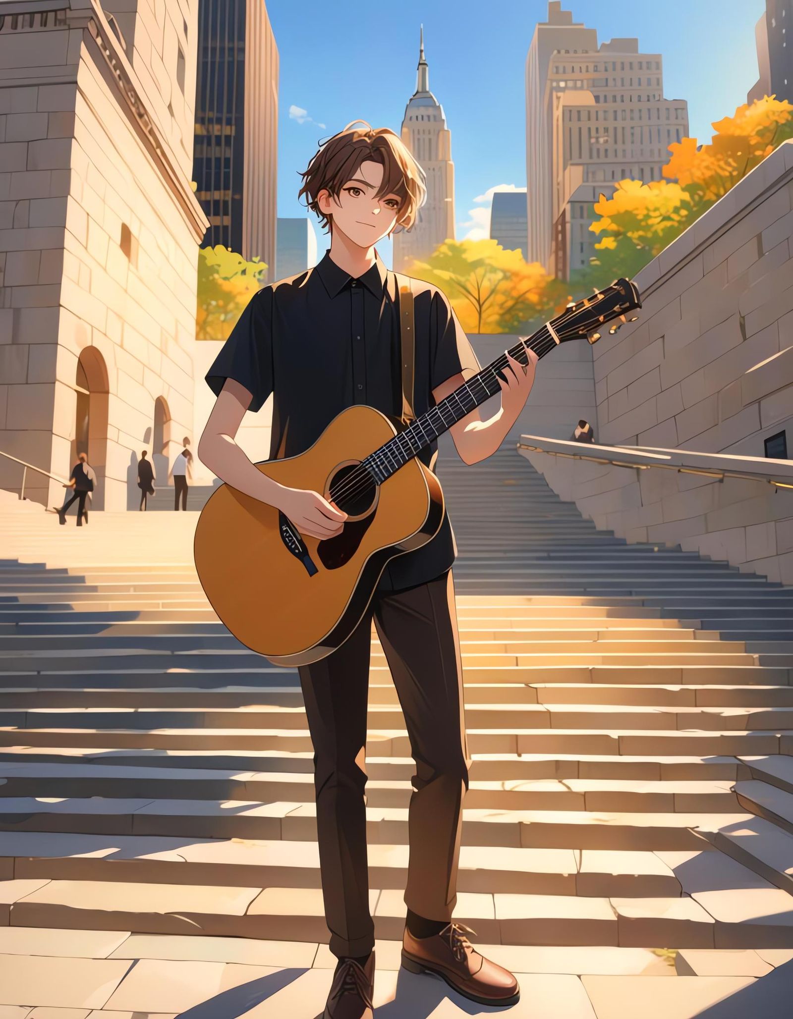 Teenager Plays Guitar in New York City at Golden Hour