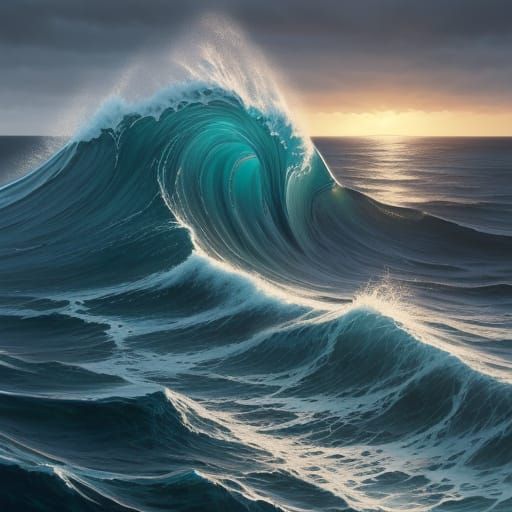 Vast Ocean Waves in Realistic Oil Painting Style