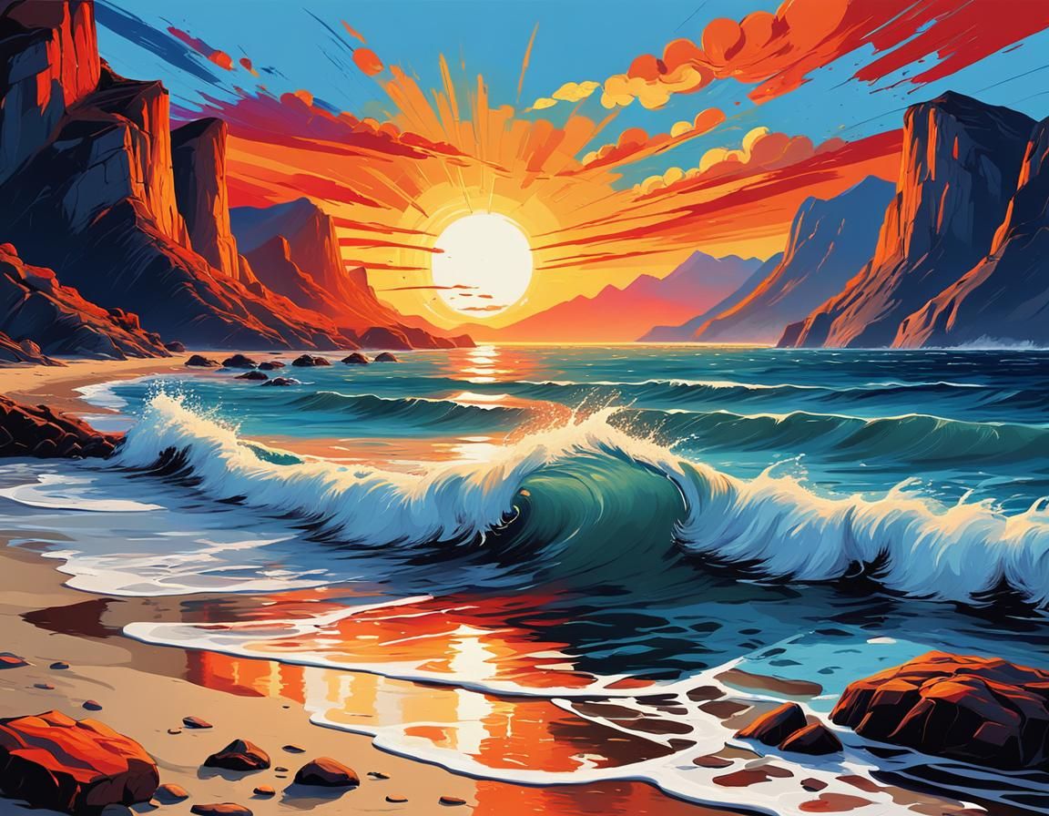 Secluded Beach Sunset: Impressionist Painting with Crashing ...