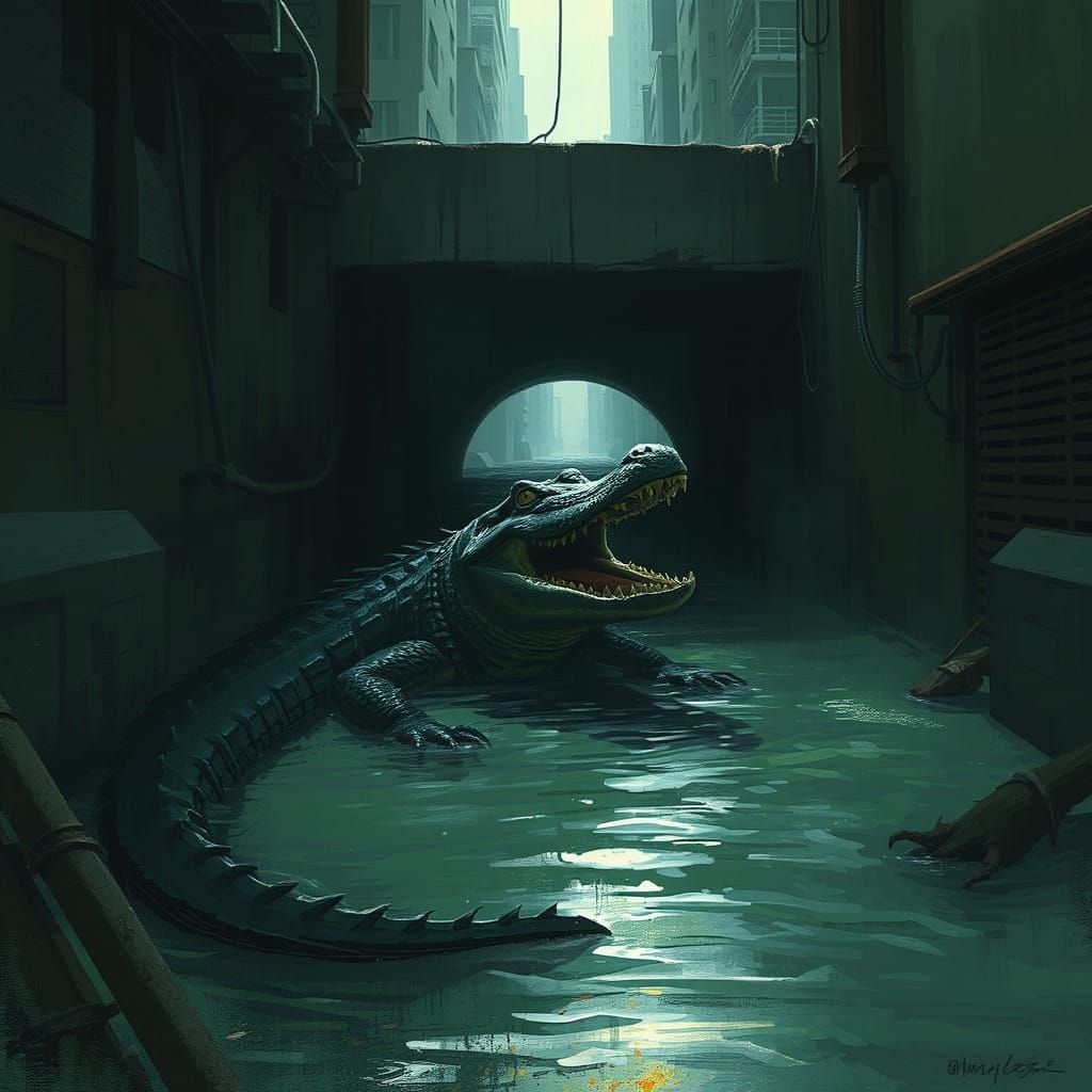 Mysterious Alligator in Dark Urban Sewer