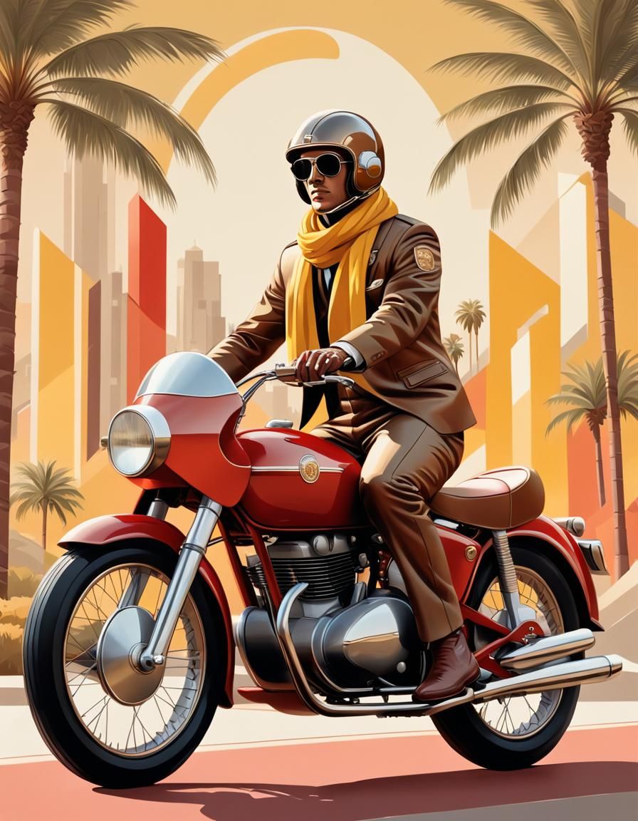 Art Deco Aviator on Red Motorcycle Illustration