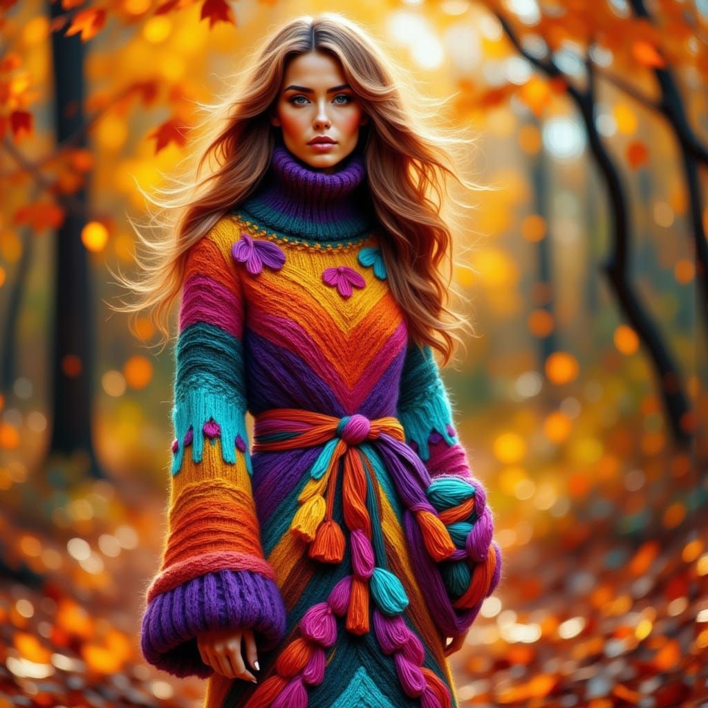 Abbie in Vibrant Knitted Dress in Enchanted Autumn Forest