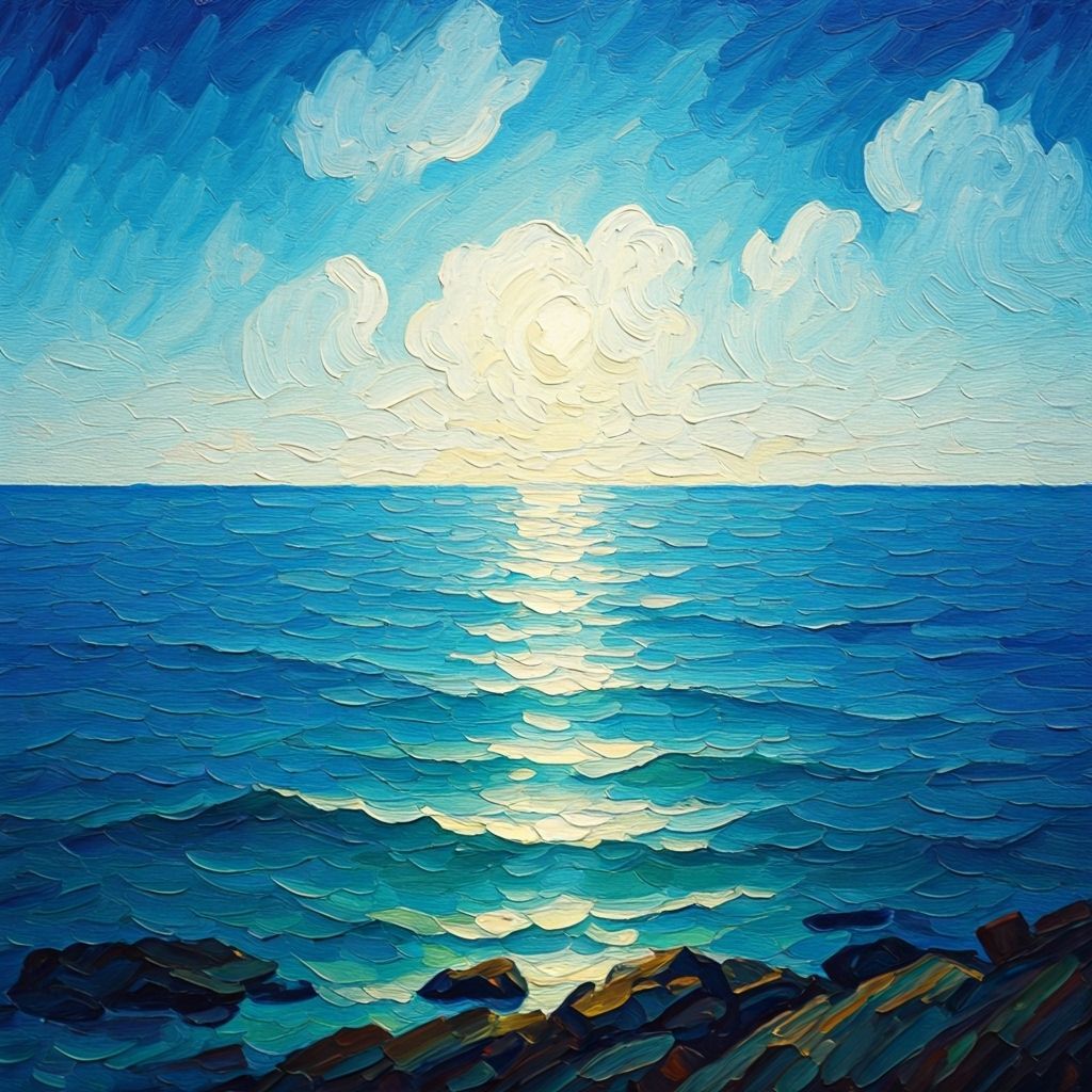 Blue Seascape Impasto Oil Painting in Van Gogh Style