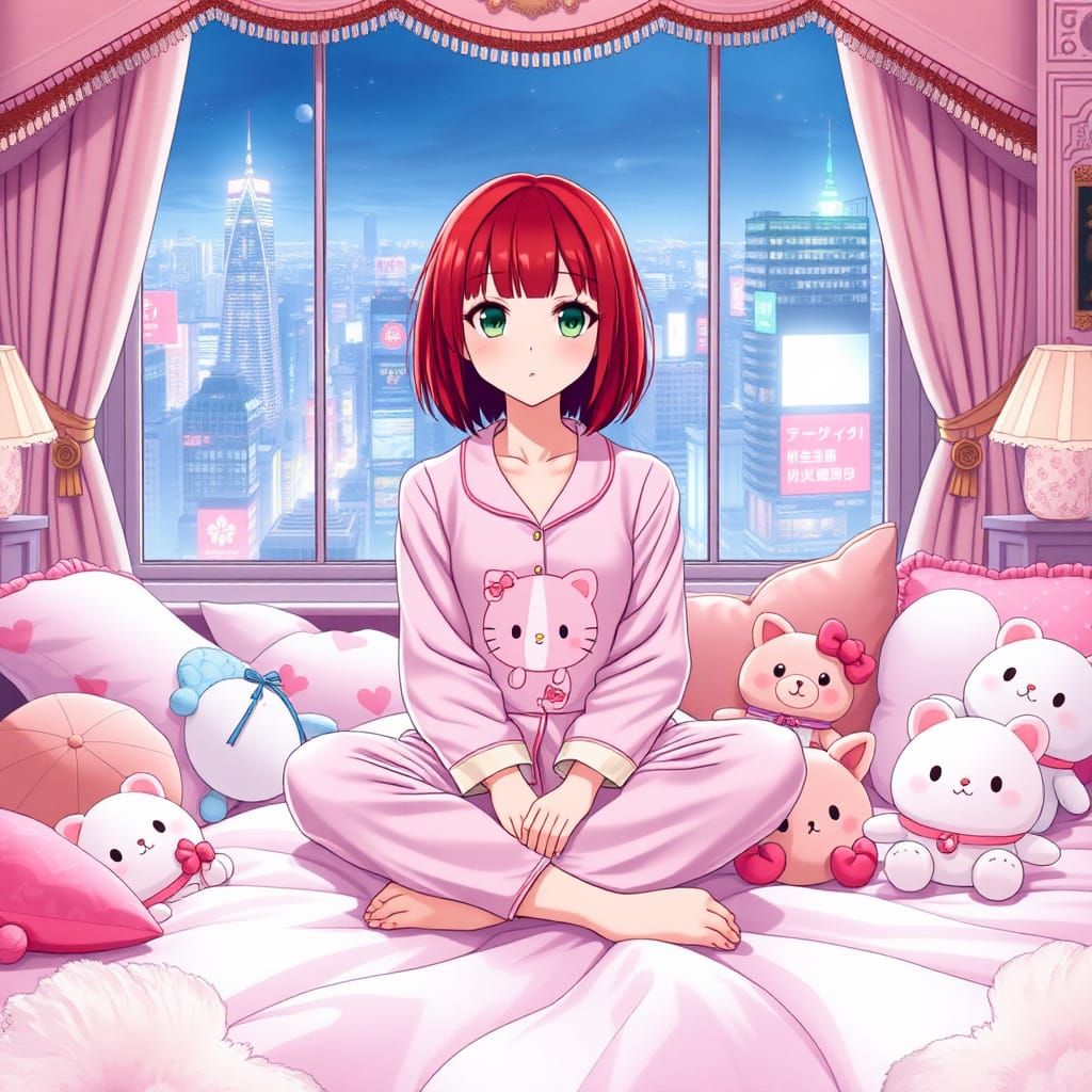 Japanese Woman in Pink Pajamas, Watercolor Style