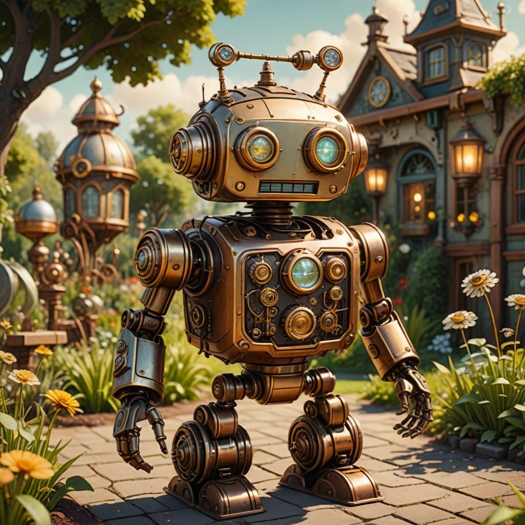 Cute Steampunk Robot in Garden: Cartoon Style