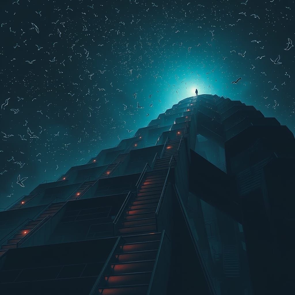 Figure Ascends Stairs to Starry Sky in Neon Futurism