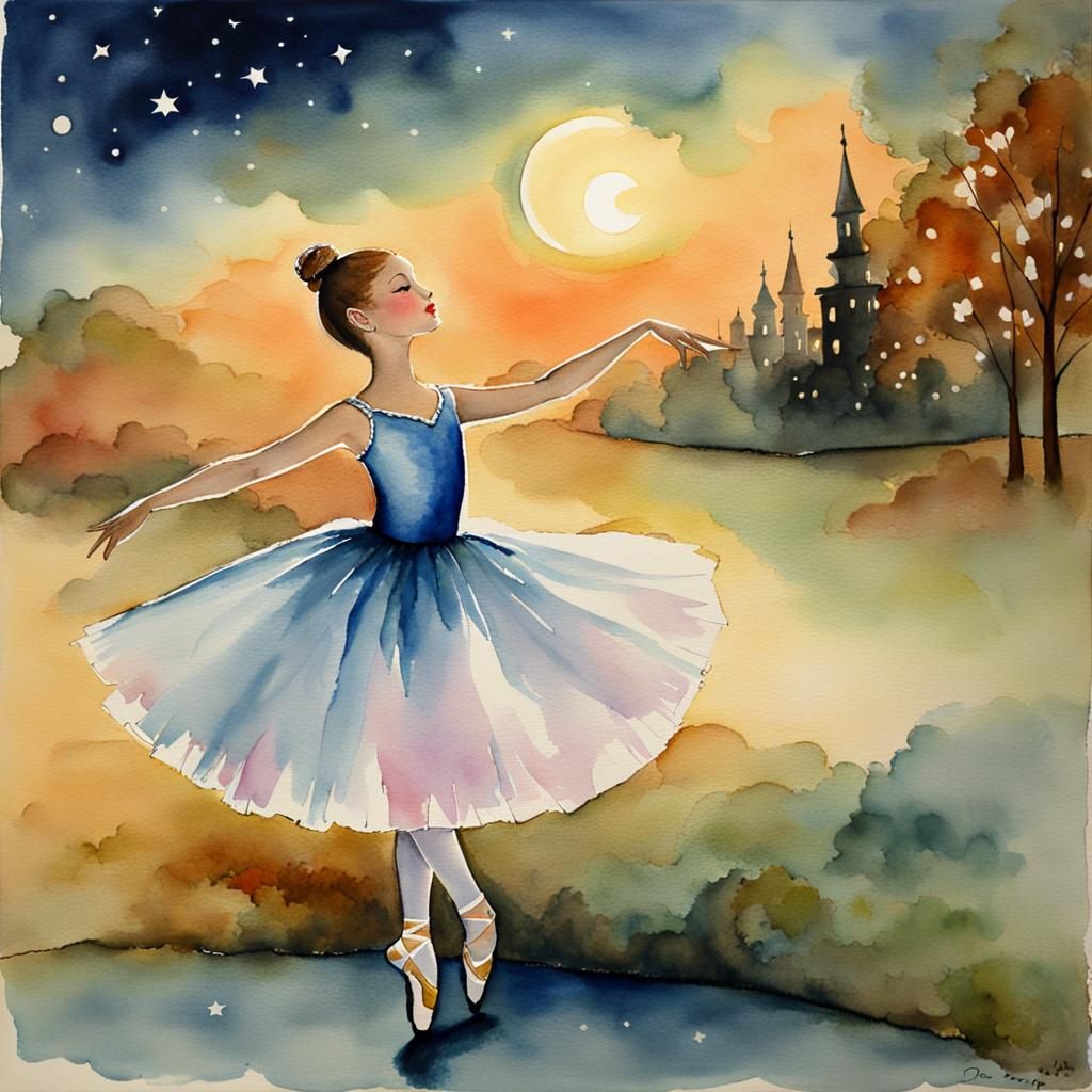 Ballerina Dancing in Moonlight: A Watercolor Painting