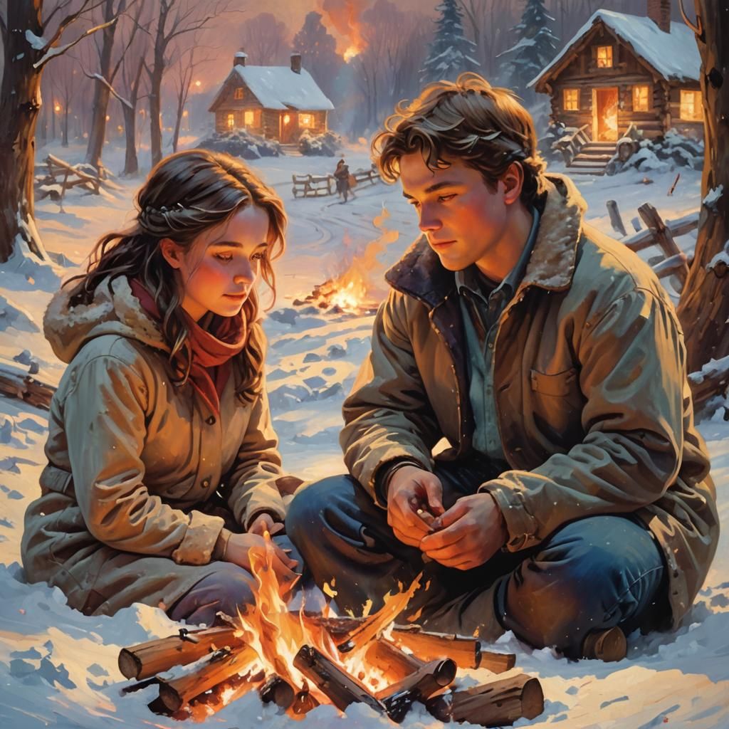 Boy by Fire Reflecting Girl's Face: Impressionist Style