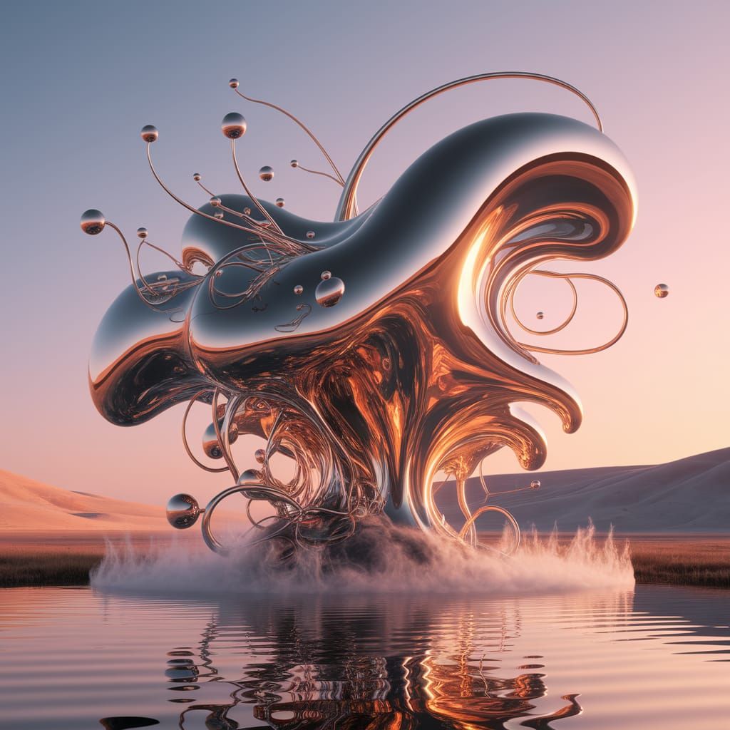 Ethereal Liquid Sculpture in Golden Sunset Glow