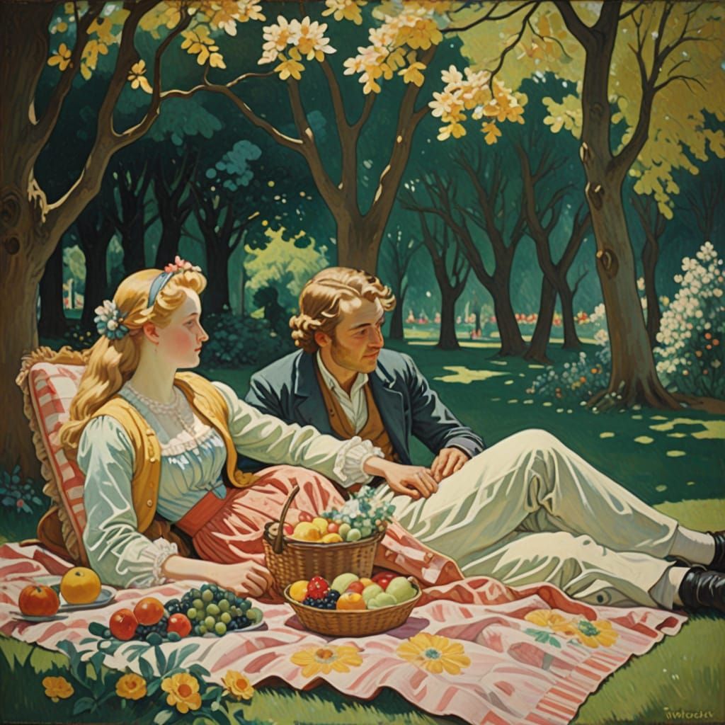 Elegant Fragonard-Style Couple in a Vibrant Park Scene