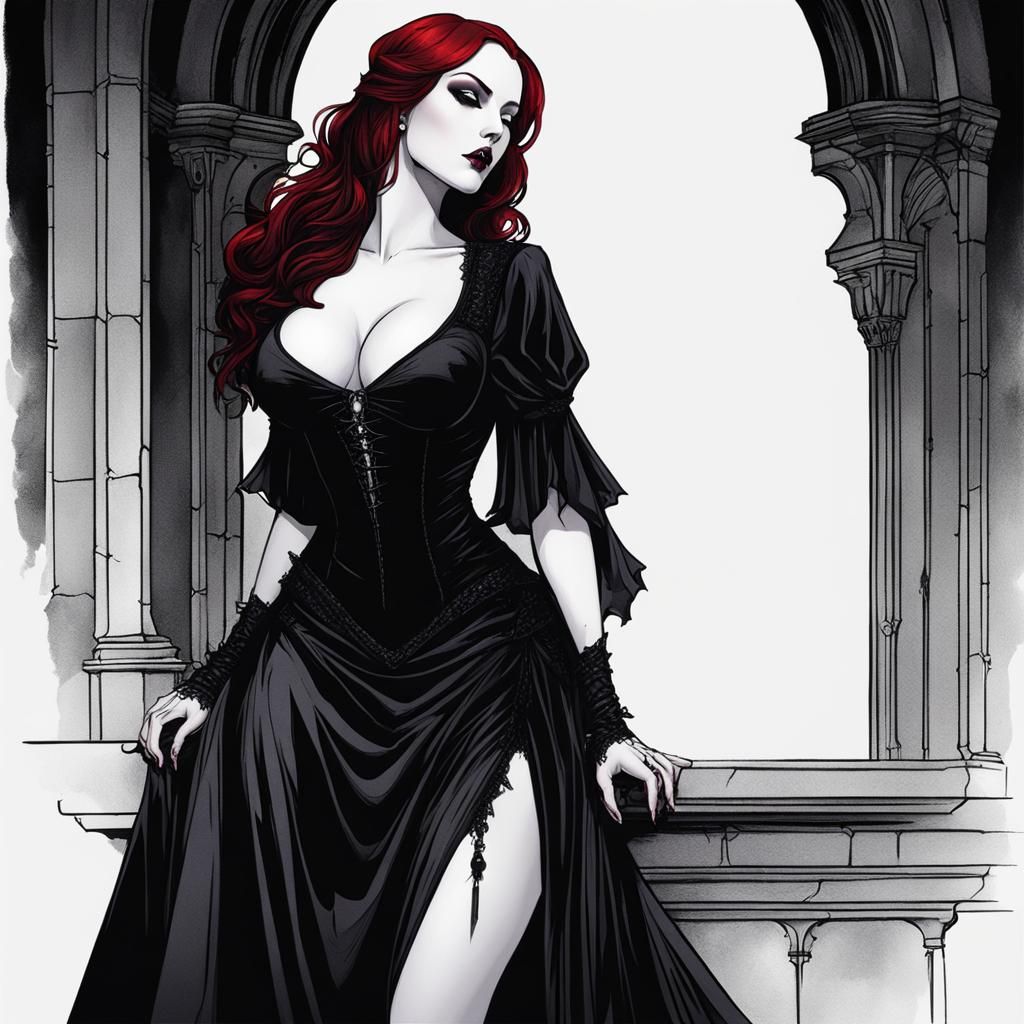 Gothic Vampire Portrait in Black Ink Comic Style