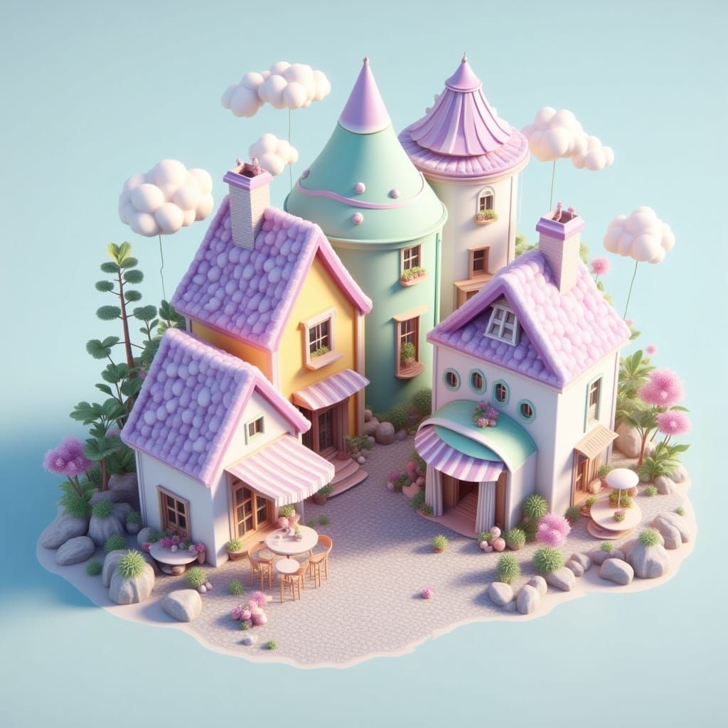 Cozy Pastel Cityscape in Low-Poly 3D Style