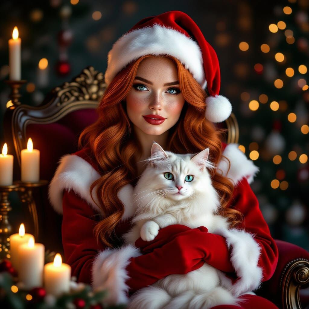 Santa's Grotto Scene With Woman, Cat, and Candles