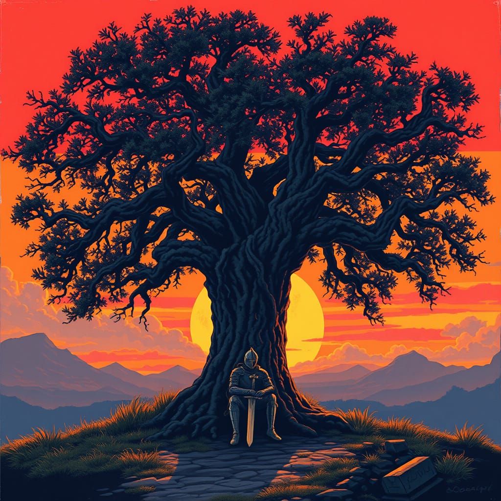 Lone Knight Under Ancient Tree: Retro Pixel Art