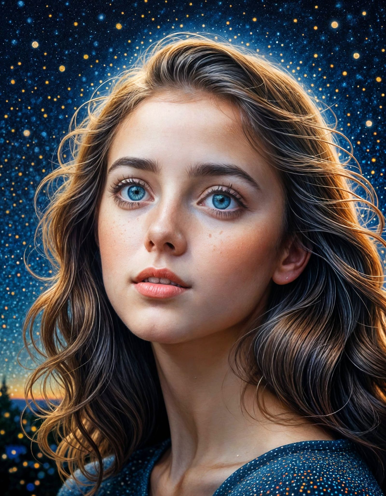 Pointillist Portrait Under a Starry Night Sky