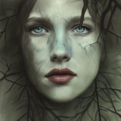 Tree Woman Portrait in Hyperdetailed Charcoal Drawing