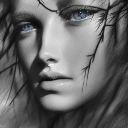 Tree Woman Portrait in Charcoal Drawing Style