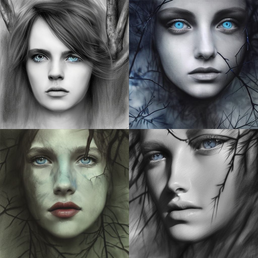 Tree Becomes Woman: Hyperdetailed Charcoal Portrait