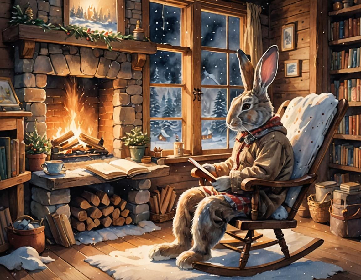 Rabbit Reading by Fireplace in Cozy Watercolor Cabin