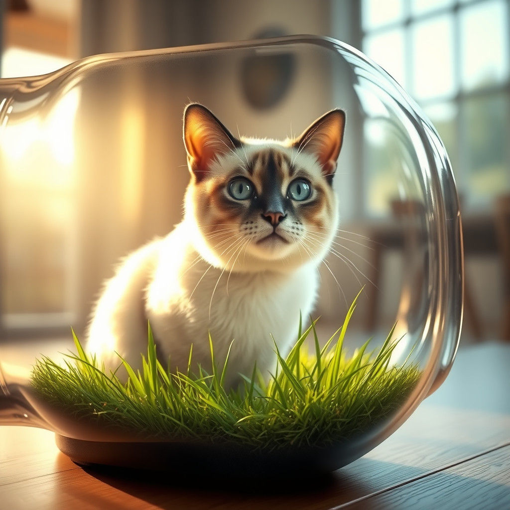Serene Cyberpunk Terrarium Scene with Siamese Cat