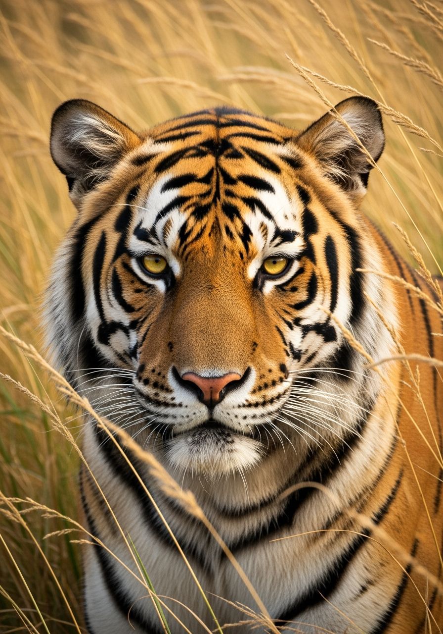 Majestic Tiger with Piercing Gaze in Golden Grass