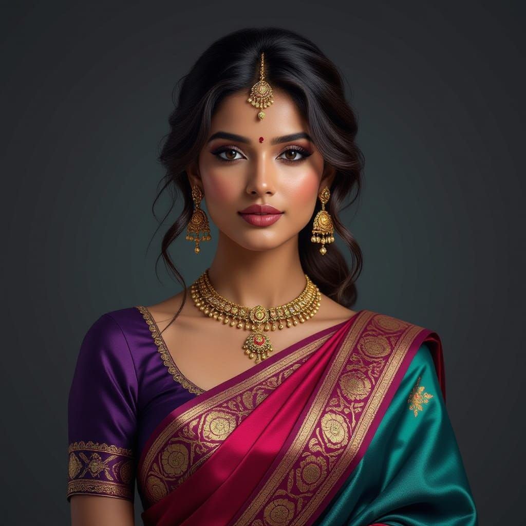 Hyperrealistic Woman in Fantastical Matte Painting Saree