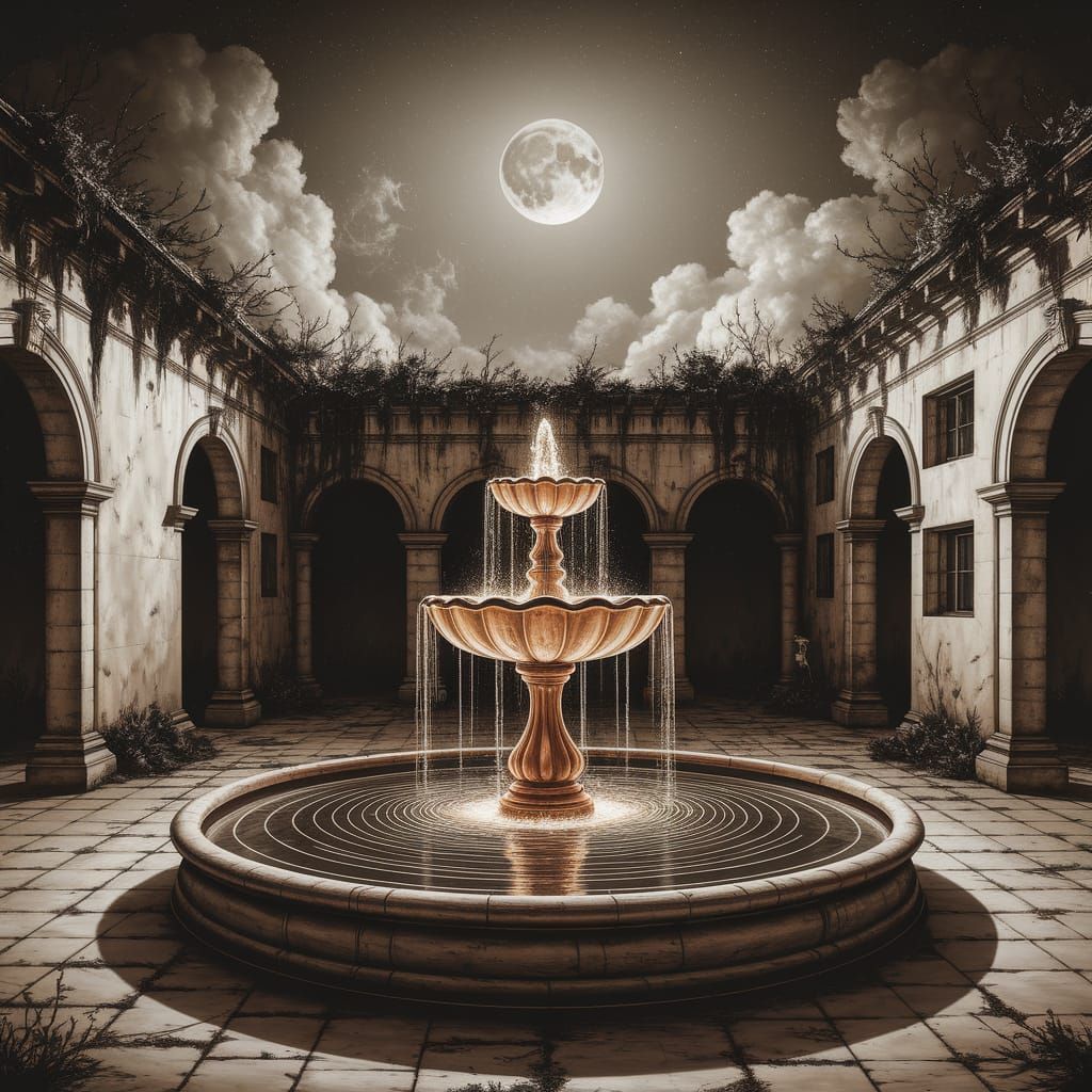 Moonlit Fountain in Courtyard, Hyperdetailed Charcoal Drawin...