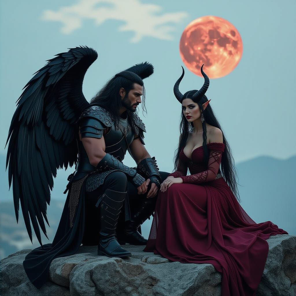 Epic Warrior and Goddess Under Blood Moon