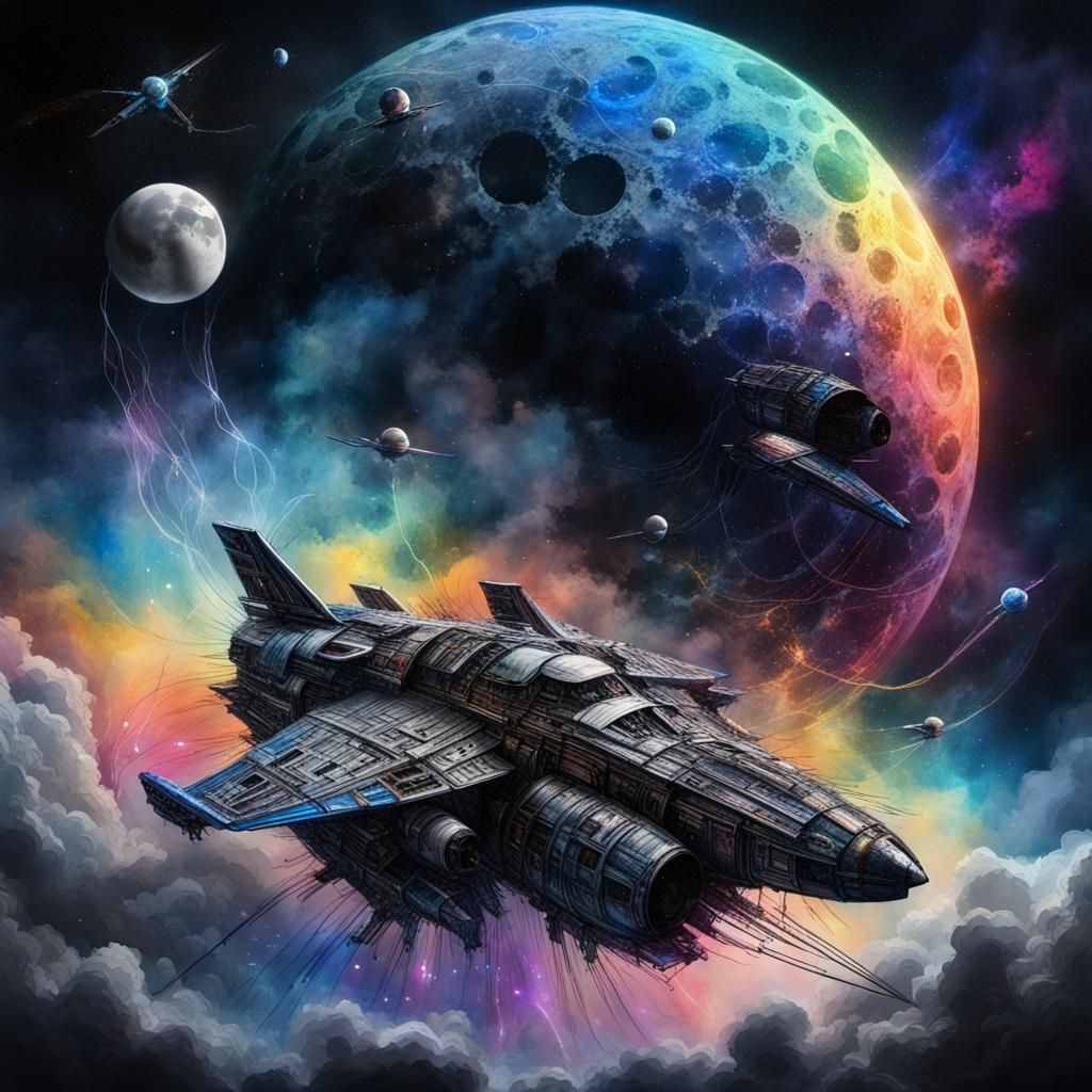Ethereal Spacecraft on Dark Moon in Impasto Style