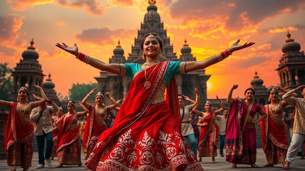 Bollywood Dancers Perform at Hindu Temple at Sunset