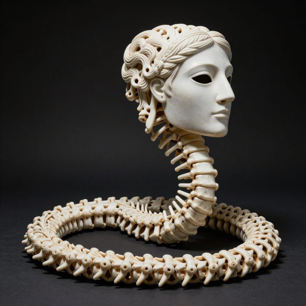 Greek Mask Fused to Snake Skeleton in Giger Style