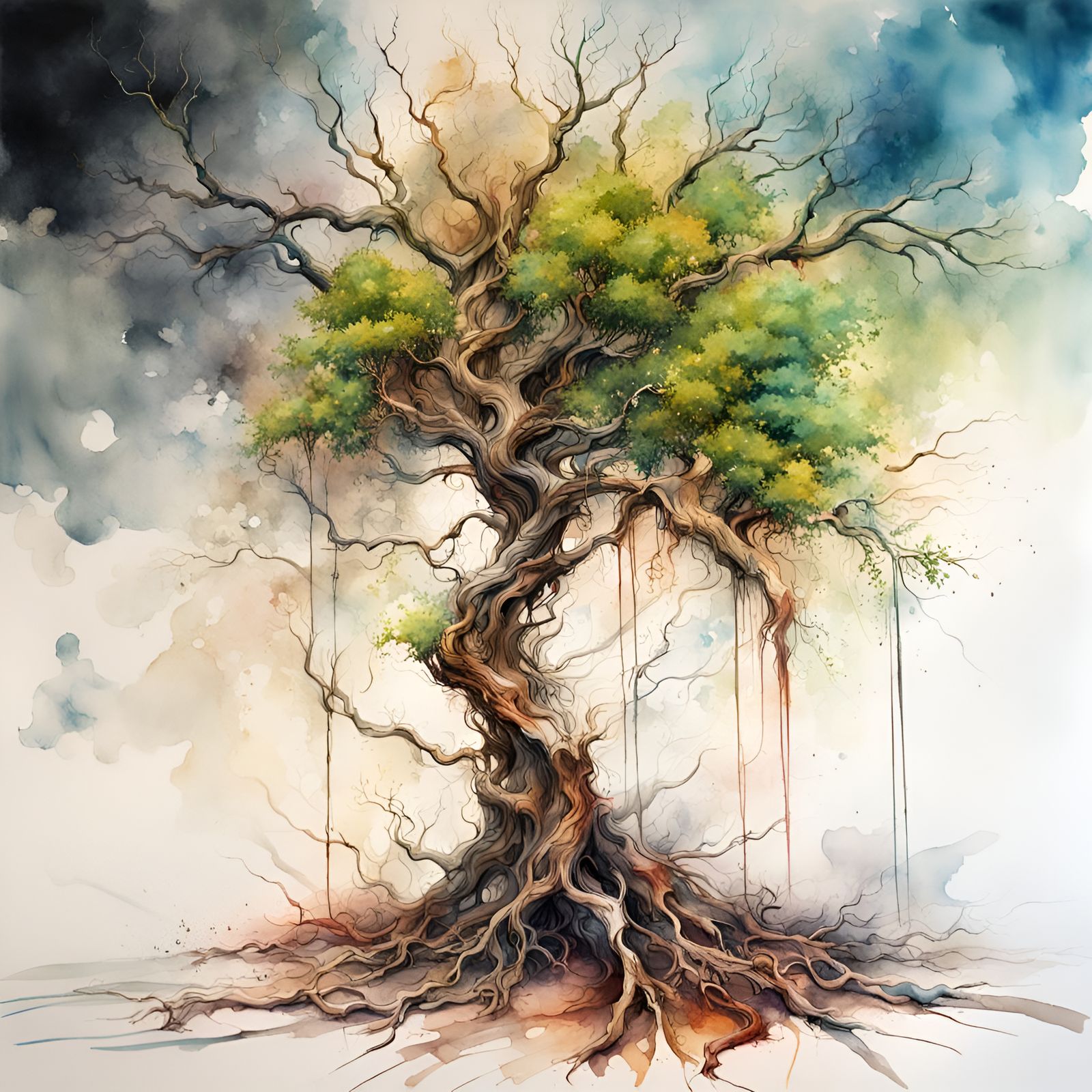 Surreal Tree Disintegrating in Spring Watercolor Illustratio...