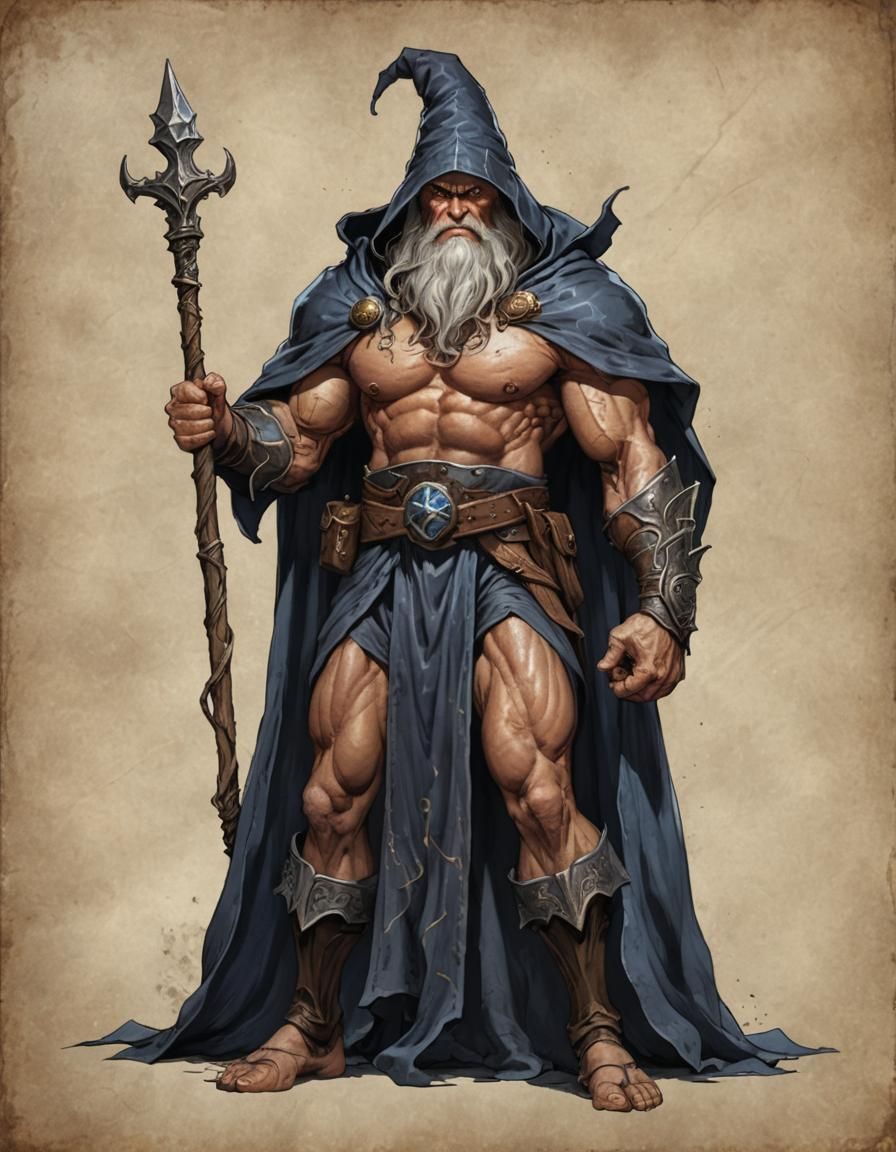 Extremely Muscular Fantasy Wizard with Pointy Hat