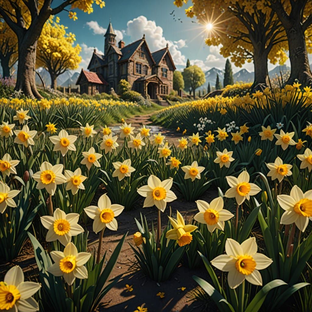 Vibrant Daffodils in a Sunny Fantasy Landscape