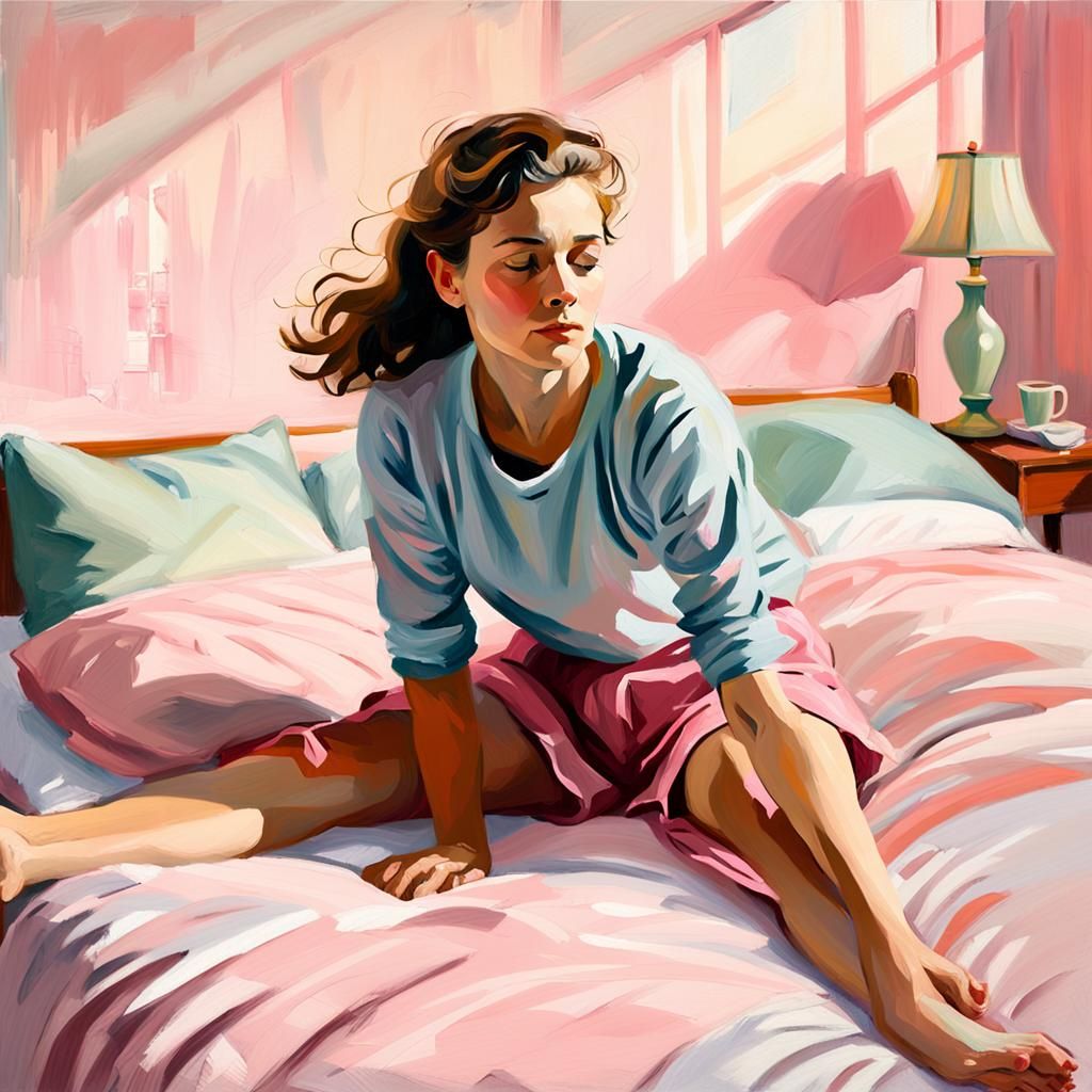 Woman Waking on Pink Bed as Impressionist Oil Painting
