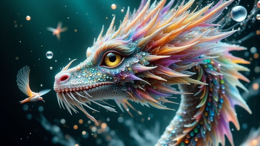 Iridescent Water Dragon in Dark Oil Paint Style
