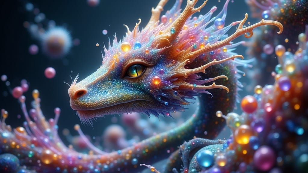 Iridescent Water Dragon with Jeweled Scales as Oil Painting