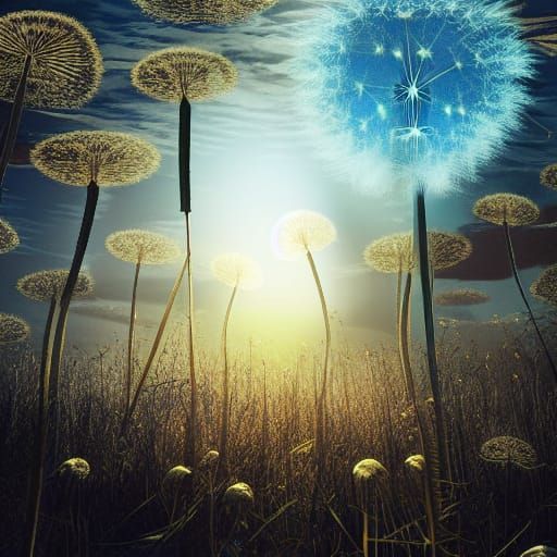 Glowing Dandelion Seed in Blue Forest Sunset
