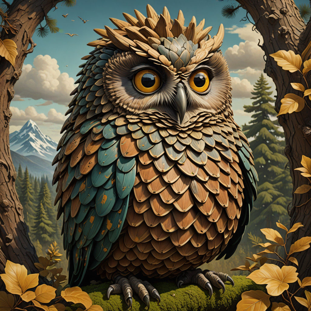 Botero-Style Owl Embellished with Pine Cones in Vibrant Surr...