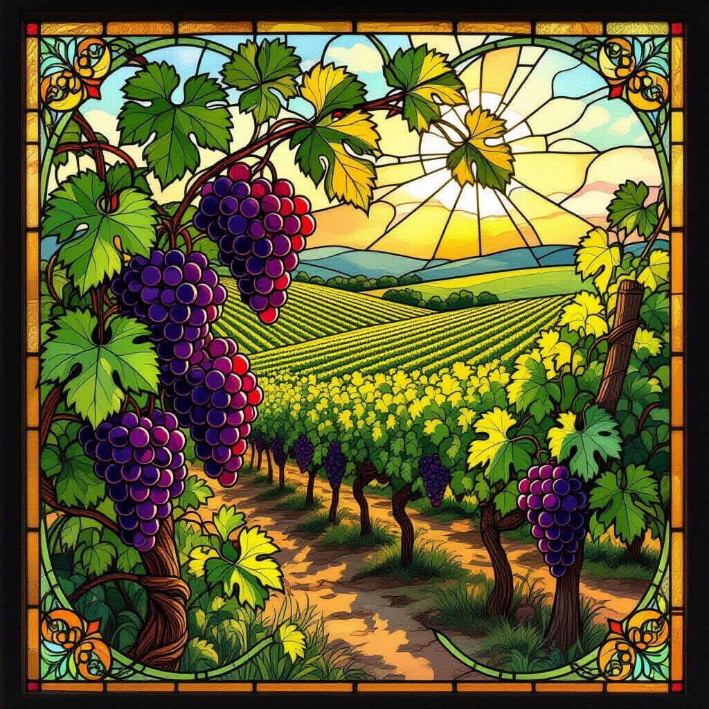 Vibrant Stained Glass Vineyard in Art Nouveau Style